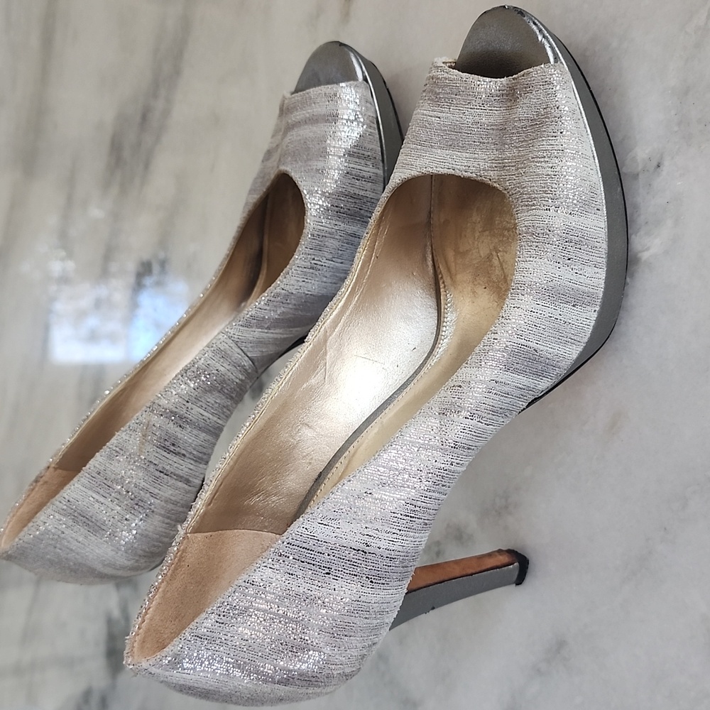 Antonio Melani silver heels!  Stripped Silver & Gray